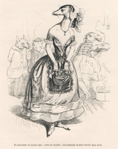... buiten het theater zijn deze dieren nog lelijker. Geïllustreerde vignetten door JJ Granville. Gravure gesigneerd Godard in het deel "De eerste feuilleton van Pistolet" geschreven door Jules Janin in "Scènes uit het privé- en openbare leven van dieren"