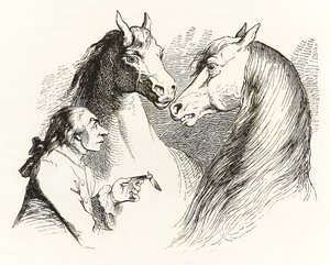 Gulliver praat met pratende paarden in Houyhnhnms Land, uit Gullivers Reizen door Jonathan Swift door Grandville