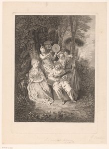 Parklandschap met theaterfiguren die een serenade brengen aan een dame door Gérard Jean Baptiste Scotin (II)