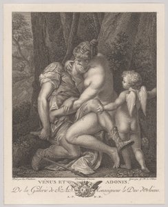 Venus rouwt om Adonis, zittend onder een boom en hem omhelzend, met Cupido rechts, ca. 1786 door Gérard René Le Vilain