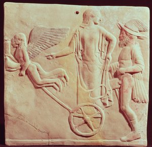 Aphrodite en Hermes rijden op een wagen getrokken door Eros en Psyche, 470 v.Chr. door Greek
