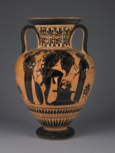 Attische zwartfigurige amfoor met Herakles die het Erymantheaanse zwijn draagt, ca. 510 v.Chr. (terracotta)