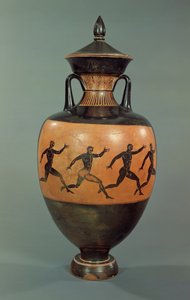 Attische zwartfigurige Panathenaïsche amphora versierd met rennende mannen, 375-370 v.Chr. (keramiek)