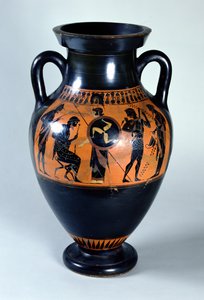 Attische zwartfigurige nekamfoor die de verwelkoming van Hercules op Olympus uitbeeldt, ca. 520 v.Chr.