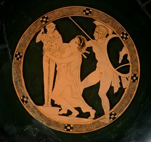 Attische roodfigurige beker die Cassandra afbeeldt, achtervolgd door Ajax die toevlucht zoekt bij een xoanon van Athena, ca.430 v.Chr.