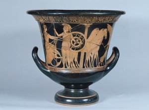 Attische roodfiguren kalyx krater die een Hopliet toont die naar de oorlog vertrekt