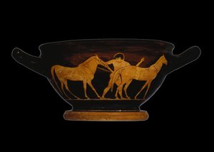 Attische roodfigurige skyphos, met Herakles en de Merries van Diomedes door Greek