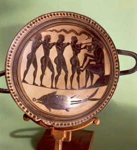 Beker die Ulysses toont die Polyphemus verblindt, zwartfigurig aardewerk, Griekenland, Griekse beschaving, 6e eeuw v.Chr. door Greek
