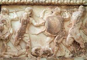 Gigantomachie (strijd tussen goden en reuzen) (reliëf, fries, 525 v.Chr.) door Greek