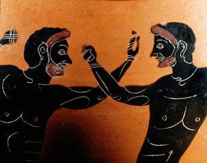 Griekse kunst: Panathenaïsche terracotta amfora: detail van een pugilatgevecht. Graf van de Vulci krijger. 6e eeuw v.Chr. Rome, Museo Nazionale di Villa Giulia door Greek