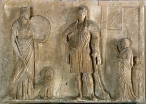 Griekse kunst: Phrygische godheden Cybele en Attis, zijn zoon en minnaar. Marmeren reliëf uit de 2e eeuw v.Chr. Museo Archeologico, Venetië door Greek