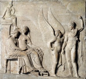 Griekse kunst: De prins van Sparta Parijs verleidt Helena van Troje, Aphrodite is afgebeeld. Marmeren reliëf naar een Grieks origineel. 1e eeuw v.Chr. Museo Archeologico Nazionale, Napels door Greek