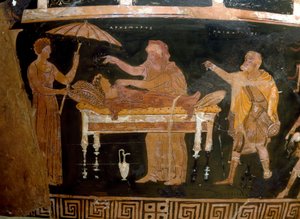 Griekse Kunst: Vaas van Arhemore: de Begrafenis van Arhemore (Opheltes) Schilderij door de schilder van Darius. Uit Ruvo. 4e eeuw v.Chr.