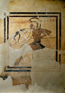 Griekse kunst: pynax (votief tablet) van terracotta die een hopliet in volle vaart voorstelt door Greek