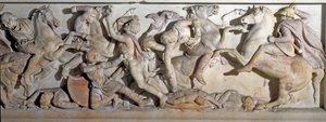 Griekse kunst: sarcofaag van Alexander de Grote (356-323 v.Chr.) Uitzicht op de reliëfs die de Slag bij Issos in 333 v.Chr. tussen de Grieken en de Perzen voorstellen. Uit de Fenicische necropolis van Sidon. 4e eeuw v.Chr. Dim. 195 x 318 x167 cm Istanboel, door Greek