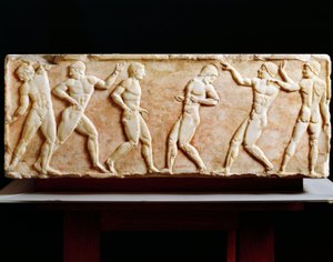 Griekse beschaving, Stele die atleten in de gymnasium afbeeldt, uit de Kerameikos necropolis in Athene, Griekenland, 510 v.Chr. door Greek