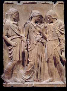 Griekse oudheid: het afscheid van Orpheus van Eurydice die Hermes terug naar de onderwereld brengt