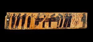 Griekse kunst: fragment van een vaas met zwarte figuren in keramiek die een begrafenisceremonie voorstellen: voorstelling van het lichaam van de overledene en van de rouwklachten rond het doodsbed, 6e eeuw v.Chr. Parijs, Musee du Louvre