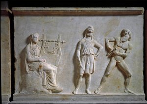 Griekse kunst: muziekcompetitie tussen Apollo en Marsyas door Greek