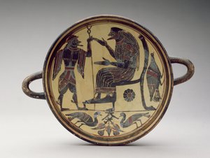 Laconische kylix beker die Zeus en Hermes afbeeldt, c.550-530 BC