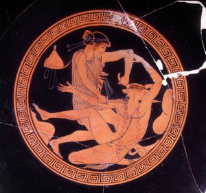 Minotaurus gedood door Theseus - Griekse vaas bewaard in het Museo Archeologico de Firenze. Binnenkant van de pentische beker met rode figuren, schilder van Dokimasia. 480 v.Chr. (Minotaurus) door Greek