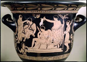 Orestes als Smekeling bij het Heiligdom van Apollo in Delphi, detail van een Attische roodfigurige krater, toegeschreven aan de Apulische Eumenides Schilder
