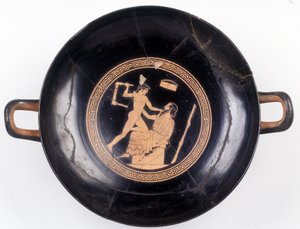 Schilderij op beker: Weergave van Herakles die een stoel zwaait om zijn muziekmeester knock-out te slaan, 470 v.Chr. BNF, Medaille Kantoor door Greek