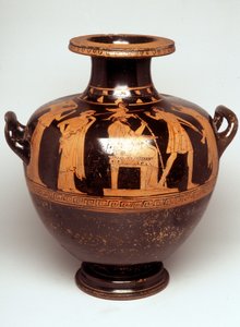 Schilderij op vaas: Voorstelling van Jupiter (Zeus) in het midden. Boven zijn hoofd verschijnt Athena, volledig bewapend (geboorte van Athena). Tegenover Zeus staat Hephaistos. 470 v.Chr. BNF, Cabinet des Medailles door Greek