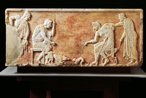 Stele die gevecht tussen hond en kat uitbeeldt, 510 v.Chr. (reliëf) door Greek
