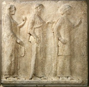 De Drie Gratiën, reliëf uit de Passage van de Theores, van Thasos, c.470 v.Chr. (marmer) door Greek