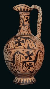Trefoil-mond oinochoe versierd met paarden, van Skyros, Sporaden, Oriëntaliserende Periode (675-650 v.Chr.) door Greek