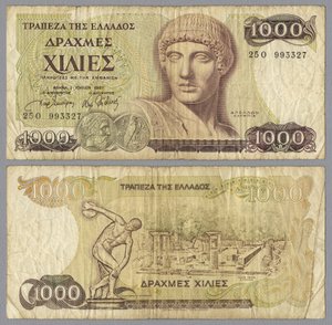 Een duizend Griekse drachme bankbiljet, 1987