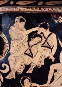Attische roodfigurige krater die Orestes als smekeling bij het heiligdom van Apollo in Delphi afbeeldt, toegeschreven aan de Apulische Eumenides Schilder, ca. 380 v.Chr. (detail)