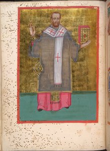 Miniatuur van een staande Johannes Chrysostomus met een boek, uit 