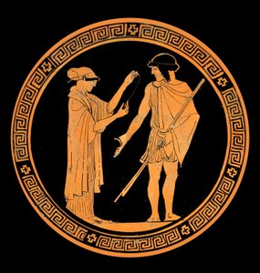 Galante conversatie, decoratie van een keramiek met rode figuren. 5e eeuw v.Chr. door Greek School