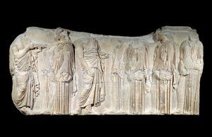 Griekse kunst: fragment van de fries van het Parthenon: processie van het feest van de Grote Panatheneeën: autorisatoren en ergastines. Klassieke periode. Parijs, Louvre Museum door Greek School