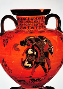 Griekse beschaving, 6e eeuw v.Chr. Zwartfigurige keramiek. Amfoor met Ajax die het lichaam van Achilles draagt. door Greek School
