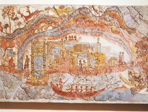 Griekse beschaving, fresco die scheepsprocessie uitbeeldt, van Akrotiri, Thera-eiland, Santorini, Griekenland door Greek School