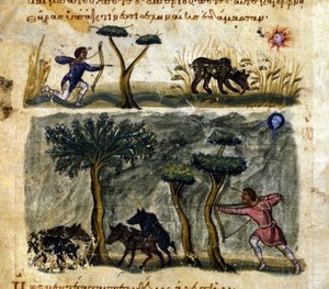 Jacht op wilde zwijnen naar het Griekse manuscript van Oppianus De Venatione 13e eeuw door Greek School