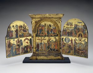 Opwekking van Lazarus; Intocht in Jeruzalem; Kruisiging; Nederdaling van Christus in de hel (middenpaneel)