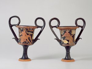 Roodfiguur kantharos met afbeelding van een jongeman en kantharos met afbeelding van een vrouw, ca. 310 v.Chr. door Greek School