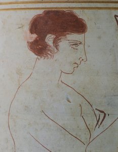 Attische lekythos, toont een begrafenisscène van een krijger zittend voor zijn graf, 420-410 v.Chr., toegeschreven aan de schilder Parrhasius van Efeze, witgrond aardewerk uit Athene, Griekenland. Detail. Griekse beschaving, 5e eeuw v.Chr. door Greek School