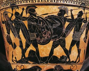 Griekse beschaving, Zwartfigurige keramiek, Krater met gevecht om het lichaam van Patroclus, Uit Farsala, Griekenland