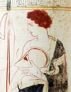 Witte grond aardewerk, Attische lekythos die een begrafenisscène met krijger voor graf uitbeeldt, detail