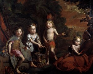 De vier delen van de wereld: Rechts een kind in de armen van een slavenverpleegster die Afrika symboliseert, in het midden presenteert Amerika (Indiaans kind) zijn rijkdommen aan Europa (met de mand), Azië is in de gedaante van een kind gekleed in zijde. S door Gregor Brandmuller