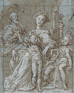 Heilige Familie met de Jonge Sint Johannes de Doper recto, grootschalige bijgesneden schetsen...