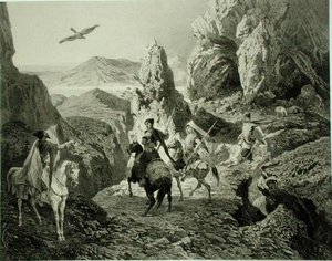 Een Valkenjacht nabij Jerevan, Armenië, plaat 20 uit een boek over de Kaukasus, gegraveerd door Eugene Ciceri (1813-90) en Adolphe Jean-Baptiste Bayot (1810-66), gepubliceerd door Alfred Leon Lemercier, Parijs door Grigori Grigorevich (after) Gagarin