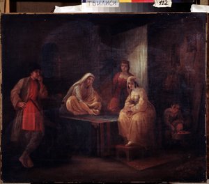 In de kamer, oriëntalistische scène met danseressen uit Shamakha in Azerbeidzjan verzameld in een harem, schilderij van Grigori Grigorievich Gagarin (1810-1893), olie op doek, Russische kunst 19e eeuw, Staats Georgisch Kunstmuseum, Tbilisi door Grigori Grigorevich Gagarin