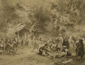Einde van de jacht, Mingrelia, plaat 6 uit een boek over de Kaukasus, gegraveerd door Adolphe Mouilleron, uitgegeven door Alfred Leon Lemercier, Parijs, 1847 door Grigori Grigorevich Gagarin