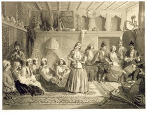 De rustkamer bij de baden in Shemakha, op de Shirvanskaya Steppe, plaat 40 uit een boek over de Kaukasus, gegraveerd door Charles Claude Bachelier en Adolphe Bayot (1810-66) uitgegeven door Alfred Leon Lemerci